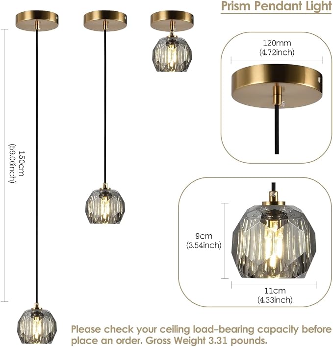 Crystal Pendant Light, Smoke Crystal Pendant Light Fixture Kitchen Island, Small Prism Pendant Hanging Lighting Fixture for Dining Room Bedroom