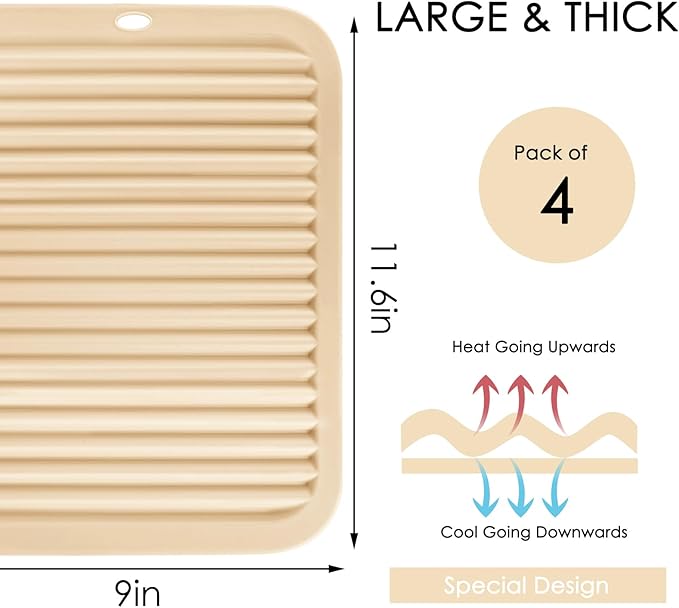 QPIX DIGITAL 4 Pack Silicone Trivets for Hot Dishes, Large & Heat Resistant Silicone Pot Holder Hot Pads for Kitchen, 9x12 Beige Silicone Trivet Mat for Hot Pots and Pans, Jar Opener, Drying Mat