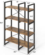 4 Tier Bookcase and Bookshelf, Rustic Industrial Bookshelf, Large Etagere Bookshelf Open Display Shleves with Metal Frame for Living Room Bedroom Home Office, Rustic Brown
