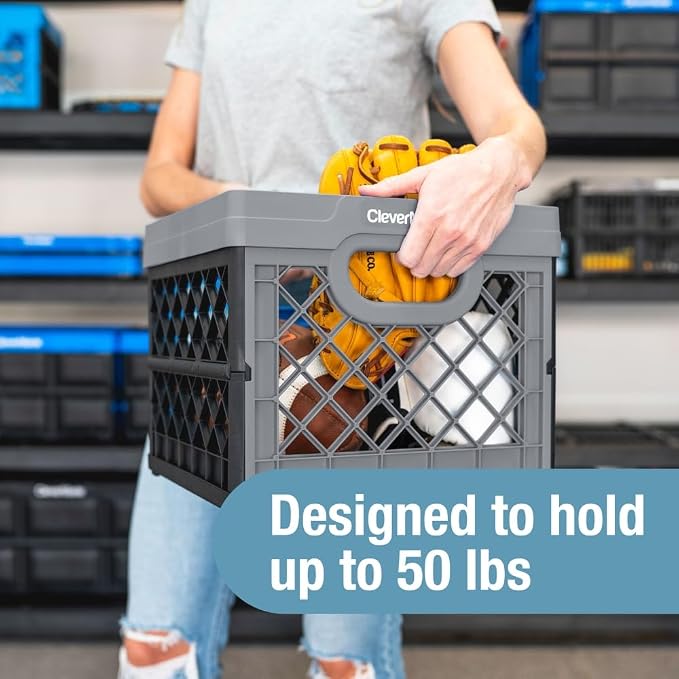 CleverMade Collapsible Milk Crate, 25L Storage Crate, Holds 50 lb, Obsidian | Organize Files, Groceries, and Gear in One Crate | Built-In Rails Hold Letter Folders, While the Frame Stacks Securely