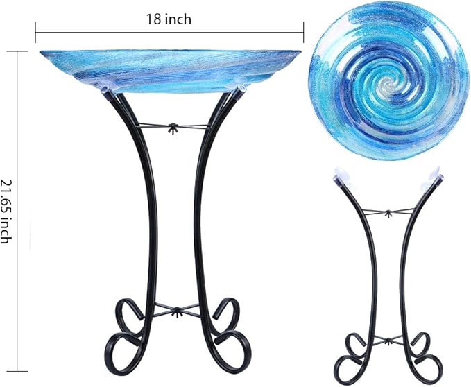 MUMTOP Outdoor Glass Birdbath with Metal Stand for Lawn Yard Garden Decor,18” Dia/21.65 Height