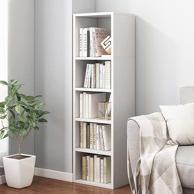 IOTXY Small Narrow Corner Bookcase - 47 Inches Tall Gap Freestanding Storage Cabinet, 5 Lattices Open Shelves Tower Rack, Cubes Bookshelf in White