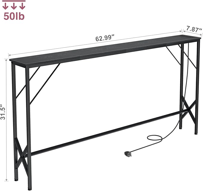 63'' Console Table, Skinny Entryway Table with Fast-Charging Station, Narrow Long Sofa Table, Behind Slim Couch Table for Entrance, Hallway, Living Room Decor ST-BK160-1
