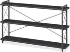 HCHQHS Bookshelf, 3-Tier Long Industrial Bookcase, Black Open Book Shelf, Freestanding Horizontal Bookshelves with Metal Frame