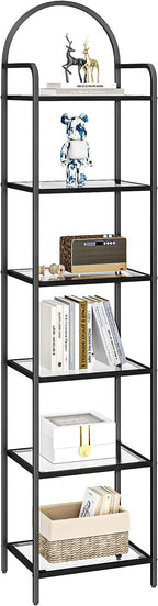Bookcase Bookshelf, Tempered Glass Bookshelves, Slim Shelving Unit for Bedroom, Bathroom, Home Office, Steel Frame, 6 Tier Black BC10601B