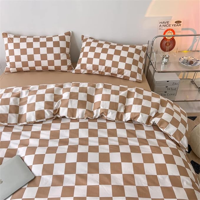 Wellboo Light Brown Plaid Comforter Sets California King Women Men Cream Coffee and White Checkerboard Grid Bedding Comforters Cal King Cotton Boys Girls Modern Light Taupe Checkered Geometric Quilts