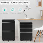 3-Drawer Mobile File Cabinets Rolling Metal Filing Cabinet for Legal & Letter File Anti-tilt Design with Lock Under Desk Office Drawers Fully Assembled Except Casters Black