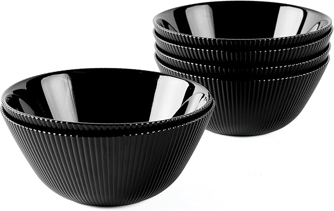 20 OZ Max Black Opal Glass Cereal Bowl Set of 6, 6 inch Dishwasher & Microwave Safe Round Ribbed Bowls for Kitchen, Salad, Soup and Rice