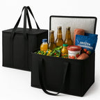 2-Pack, XL-Large Insulated Grocery Shopping Bags, Black, Reusable Bag | Thermal Zipper,Collapsible,Tote,Cooler Bag,Transport hot and Cold,Camping groceries Insulated Food Delivery Bag