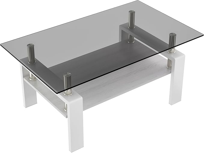 Glass Coffee Table Rectangle Living Room Center Table, with Gray Tempered Glass Tabletop and White MDF Layer,for Living Room and Office, Gray+White