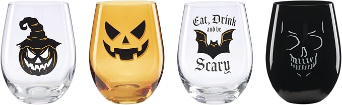Oneida Vintro Halloween Stemless Wine Glasses, Set of 4 | dishwasher safe | skeleton and bat designs | halloween party glassware | 5 inch, 18oz, halloween kitchen decor
