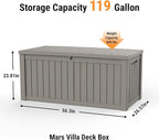 Mars Villa 119 Gallon Outdoor Storage Box Waterproof, Large Resin Deck Box for Pool Supplies Storage, Outdoor Patio Furniture Cushions, with Hydraulic Hinge, UV-Resistant and Weatherproof, Greige