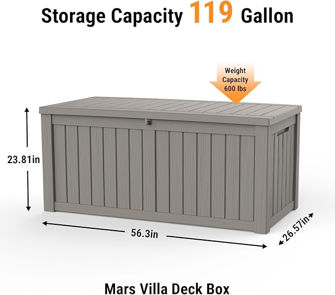 Mars Villa 119 Gallon Outdoor Storage Box Waterproof, Large Resin Deck Box for Pool Supplies Storage, Outdoor Patio Furniture Cushions, with Hydraulic Hinge, UV-Resistant and Weatherproof, Greige