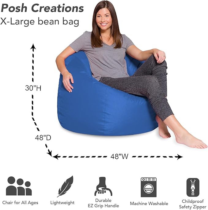 Posh Creations Bean Bag Chair for Kids, Teens, and Adults Includes Removable and Machine Washable Cover, Solid Royal Blue, 48in - X-Large