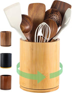 Bamboo Wood Utensil Holder, 360° Rotating 7.3 in Kitchen Organizer | Rustic farmhouse countertop decor. 360° rotating base holds spatulas, ladles, tongs, and cooking tools. Natural bamboo wood.