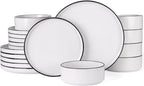 Famiware Nebula Plates and Bowls Sets, 18 Pieces Dinnerware Sets, Dishes Set for 6, White with Black Rim