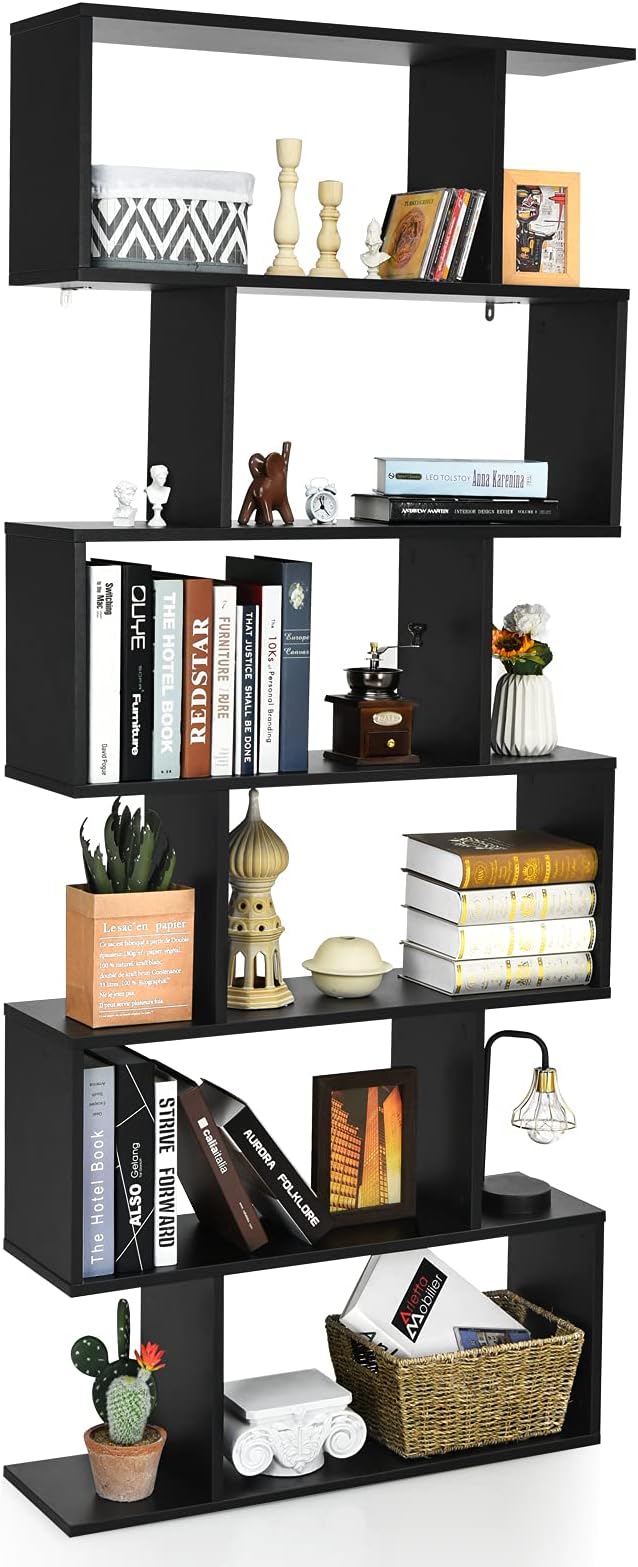 BETTARY 6-Tier Bookshelf, Freestanding S-Shaped Geometric Display Shelf, Modern Tall Bookcase for Home Office, Living Room, Bedroom, Black