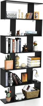 BETTARY 6-Tier Bookshelf, Freestanding S-Shaped Geometric Display Shelf, Modern Tall Bookcase for Home Office, Living Room, Bedroom, Black