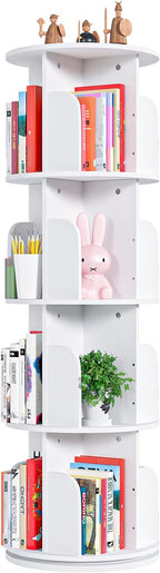 EasyCom 4 Tier Rotating Display Bookshelf Organizer Floor Standing Bookcase Storage Rack- Display Round Bookshelf Swivel Corner Book Shelf- Tall Bookcase for Home Study Office, White