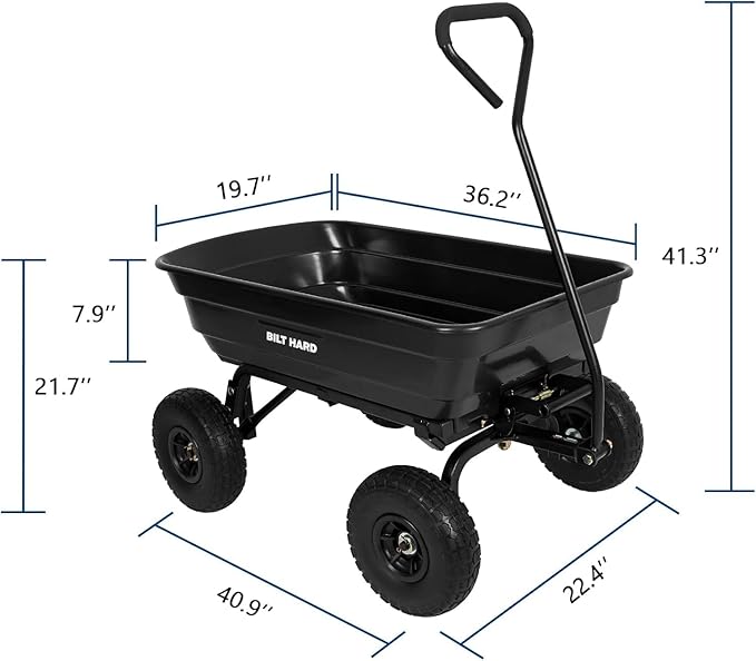 BILT HARD 4 Cu.Ft. 10" No-Flat Tires Poly Yard Dump Cart with 180° Rotating Handle, 600 lbs Capacity Heavy Duty Garden Carts and Wagons