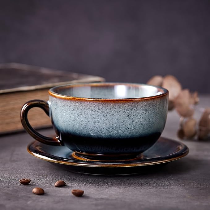 Coffeezone Vintage Design 12 oz Ceramic Latte Art Cappuccino Barista Cup with Saucer (Fog Grey)