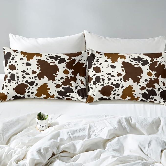 Cow Print Comforter Set King Size Cowhide Bedding Set for Boys Girls Man Women Bedroom Decor Brown Bull Cattle Skin Down Comforter Wildlife Fur Hair Farmhouse Animal Skin Duvet Set