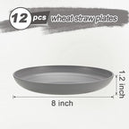 12 Pcs Unbreakable Deep Dessert Plates Set, 8 inch Reusable Plastic Wheat Straw Plates, Microwave and Dishwasher Safe Plate for Kitchen, Lightweight Plate for Dessert, BPA Free, Gray