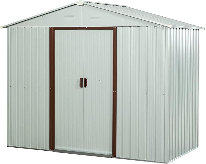 4x8 FT Outdoor Storage Shed, Metal Garden Shed with Frame Floor, Outside Tool Shed with Lockable Sliding Doors, Waterproof Storage Building with Sloped Roof for Backyard, Patio, Lawn, White