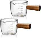 Mwellewm Single Spout Espresso Coffee Shot Glass with Wood Handle Measuring Cup Triple Pitcher Milk Cup Coffee Replacement Carafe for Barista Coffee Carafe Milk Espresso Making, 75 ml (2 Pieces)