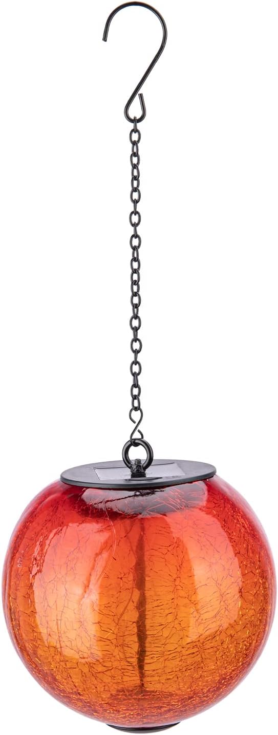 Hanging Solar Lights Outdoor Solar Lanterns Outdoor Decorative Cracked Glass Ball Lights Solar Powered Waterproof LED Globe Lantern for Outdoor Porch Patio Garden Decor Gift Orange