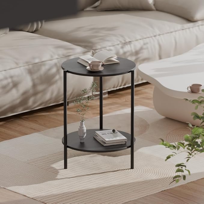 Side Table, Round End Table with 2-Layer Storage Rack, 15.7" Small Spaces Circle Table, Metal Frame Design Small Side Tables, for Living Room, Bedroom, Grey