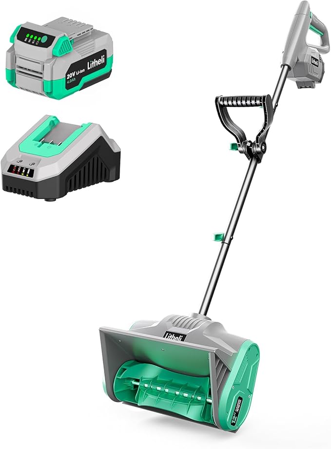 Litheli Cordless Snow Shovel, 20V 12'' Electric Snow Blower for Driveway, Battery Powered Snow Thrower, 4.0Ah Battery and Fast Charger Included