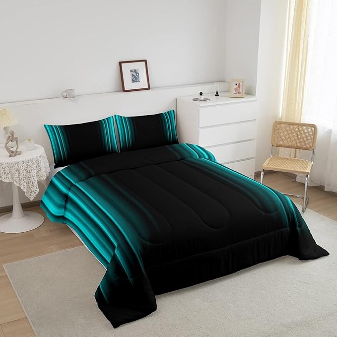 Geometric Abstract Ombre Comforter Set Kids Teens Teal and Black Striped Bedding Bed Set Decor Modern Fashion Comforter Inner Fill Bedroom Collection 2Pcs Twin Size
