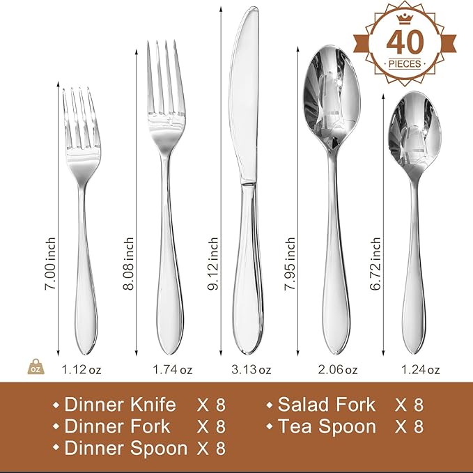 KINGSTONE 40-Piece Silverware Set for 8,18/10 Premium Stainless Steel Flatware Set, for Home, Restaurant, Wedding and Party Use, Mirror-Polished Cutlery Set, Dishwasher Safe.
