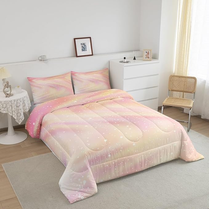 Glitter Galaxy Bedding Comforter Sets for Kids Teenagers, Pastel Galaxy Space Bedding Rainbow Tie Dye Comforter Set for Boys Girls, Starry Sky Gradient Down Comforter with 2 Pillowcases, Queen