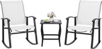 Shintenchi 3 Piece Rocking Bistro Set, Outdoor Furniture with Rocker Chairs and Glass coffee table set of 3, Balcony, Porch Furniture for Small Space, White