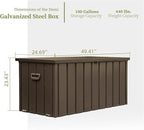 LANTRO JS 100 Gallon Metal Deck Box, Outdoor Storage Box Waterproof with Wheels, Lockable Storage Container for Patio Furniture Cushions Garden Tools, Dark Brown
