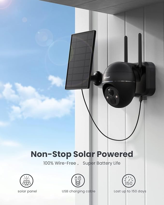 Security Cameras Wireless Outdoor, 2K Solar Security Camera System 360° PTZ with Spotlight & Siren, ieGeek 2.4Ghz Outdoor Security Cameras,Color Night Vision, Work with Alexa, PIR, 2-Way Talk, IP65