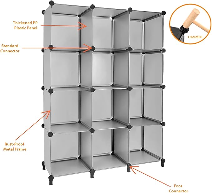 Gold Armour Cube Storage 12-Cube Bookshelf Closet Organizer Storage Shelves Cubes Organizer Plastic Square Book Shelf Bookcase DIY Closet Cabinet Organizer Shelving for Home Office Bedroom (Grey)