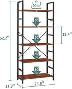 Yoobure 5 Tier Bookshelf - Tall Book Shelf Modern Bookcase for CDs/Movies/Books, Rustic Book Case Industrial Bookshelves Book Storage Organizer for Bedroom Home Office Living Room Brown
