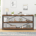 IBF Low Rustic 3 Tier Bookshelf, Industrial Horizontal Wood Bookcase, Farmhouse Long Wide Open Metal Etagere, Modern Large Vintage Book Shelf for Home Office Bedroom Living Room, Rustic Brown, 63 Inch