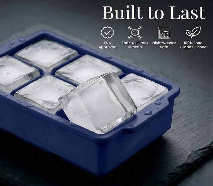 KitchFort® Large Silicone Ice Cube Tray (3-Pack), Easy Release 2" Big Ice Cubes - Cocktail, Whiskey Ice Cubes Mold - Ice Trays for Freezer with Lid - Stackable Silicone Ice Tray - Navy Blue