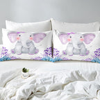Kids Elephant Bedding Set Cute Animal Comforter Set Queen For Girls Boys Kawaii Room Decor, Flower Branches Duvet Sets Cartoon Elephant With Floral Down Comforter With 2 Pillow Cases, Purple Blue