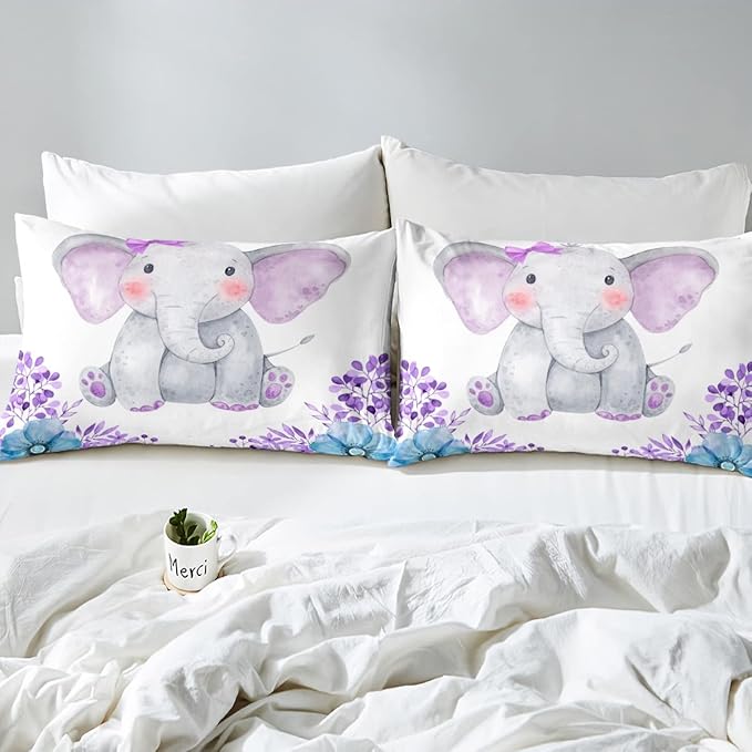 Kids Elephant Bedding Set Cute Animal Comforter Set Queen For Girls Boys Kawaii Room Decor, Flower Branches Duvet Sets Cartoon Elephant With Floral Down Comforter With 2 Pillow Cases, Purple Blue