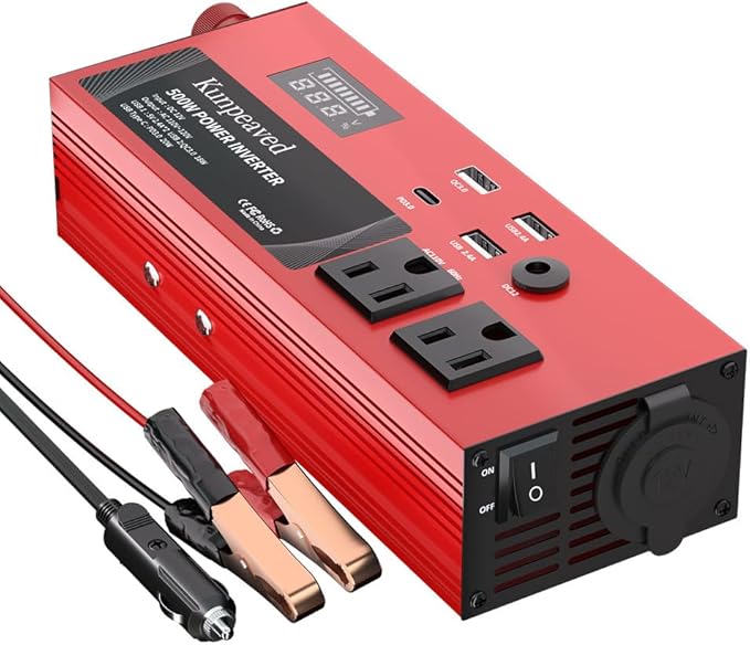 500W Power Inverter DC 12V to 110V Car Charger Converter with Dual USB Ports and 2 AC Outlets for Air Compressor Laptops, Road Trip Accessories (Red)