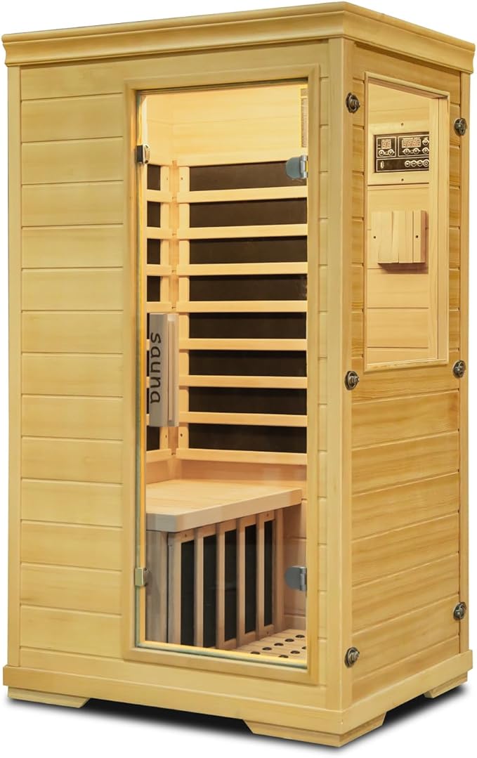 Far Infrared Sauna,1 Person Indoor Side-Opening Home Sauna Canadian Hemlock Wood Dry Sauna 1050W Carbon Heating Panels Infrared Home Spa