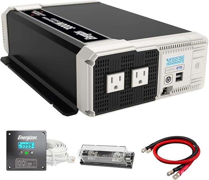 Energizer 3000W Pure Sine Wave Inverter 12V DC to 120V AC Converter for RV, Truck, Off-Grid Solar Power Inverter 12V to 110V W/QC 3.0A Each USB Port, AC Hardwire Port, Remote Cables Fuse Included