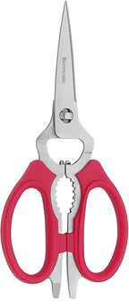 Messermeister 8-Inch Take-Apart Kitchen Scissors, Red - Includes Screwdriver, Nut Cracker, Jar Lid Opener/Gripper, Bottle Opener & Bone + Twig Cutter - Suitable for Lefties & Righties