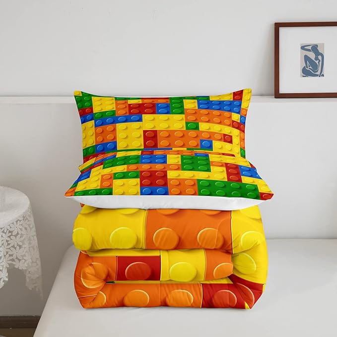 Feelyou Games Comforter Set Full Size Building Blocks Bedding Set for Kids Boys Girls Colorful Geometric Toy Brick Comforter Inner Fill Toddler Gaming Bedroom Nursery Quilt Duvet Set with 2 Pillowcase