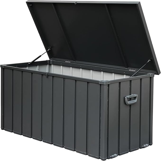 Heavy-Duty Outdoor Metal Storage Box Dark Gray Lockable Water-Resistant Deck Box for Patio Garden Tools Organization Rust-Resistant Outside Storage Box (100 Gallon)